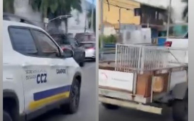 VEÍCULO DO CCZ É FLAGRADO COM REBOQUE SEM PLACAS NO CENTRO DA CIDADE.