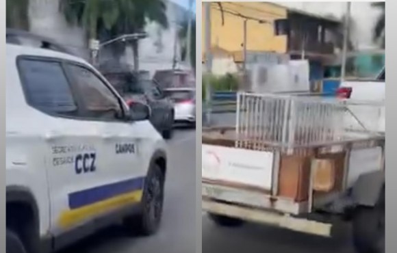 VEÍCULO DO CCZ É FLAGRADO COM REBOQUE SEM PLACAS NO CENTRO DA CIDADE.